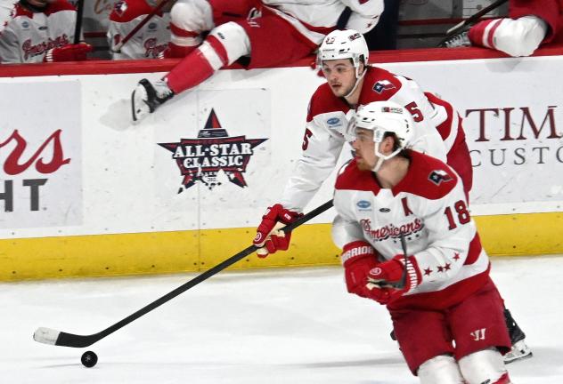 Allen Americans left wing Harrison Blaisdell (18) and right wing Landen Hookey