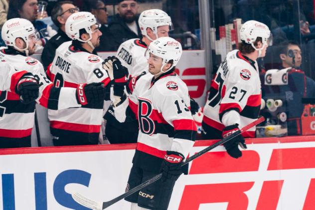 Belleville Senators' Xavier Bourgault congratulated by team