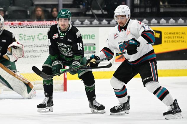Everett Silvertips' Nolan Chastko and Kelowna Rockets' Ty Halaburda in action
