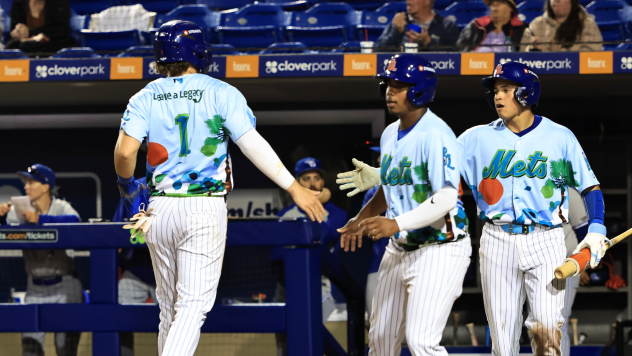 AJ Salgado of the St. Lucie Mets receives high fives after crossing home plate