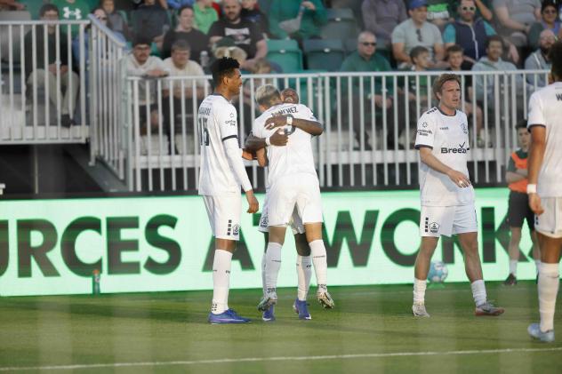 Rhode Island FC celebrates a goal against Lexington SC