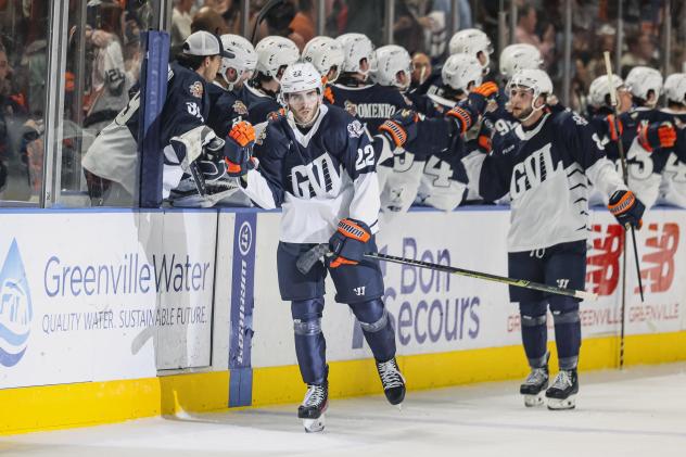 Greenville Swamp Rabbits forward Jake Percival along the bench