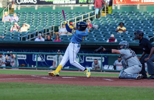 Montgomery Biscuits first baseman Xavier Isaac at the plate