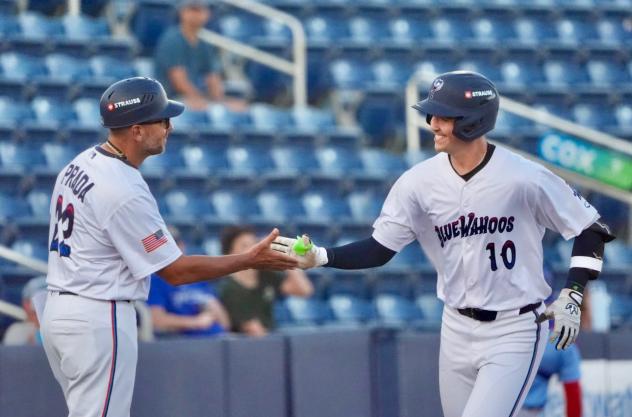 Pensacola Blue Wahoos shortstop Payton Green crosses the plate