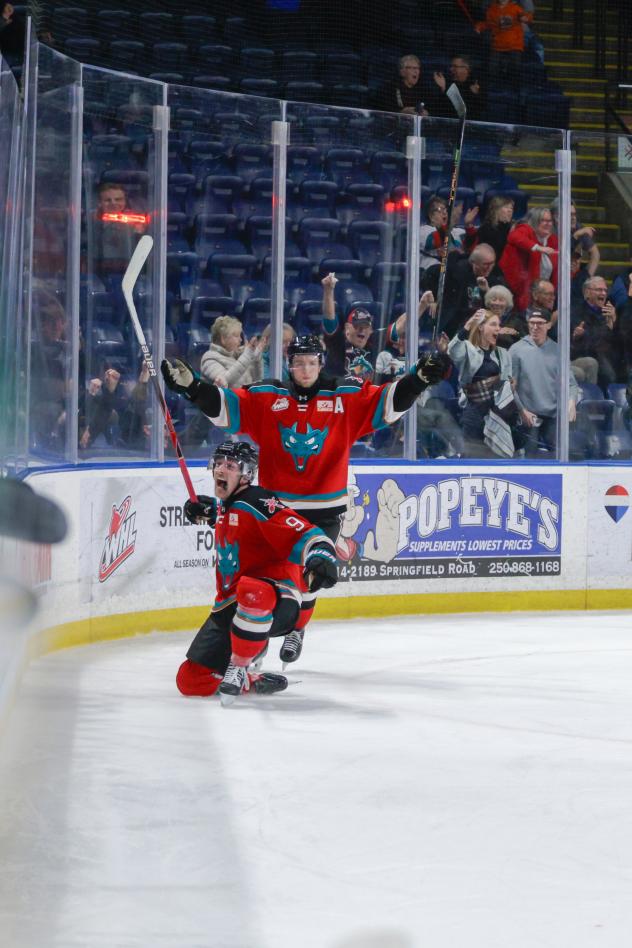 Kelowna Rockets centre Shane Smith reacts after his tying goal