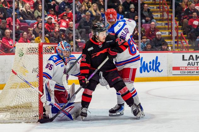 Kitchener Rangers goaltender Christian Kirsch and defenceman Alexander Bilecki vs. the Soo Greyhounds
