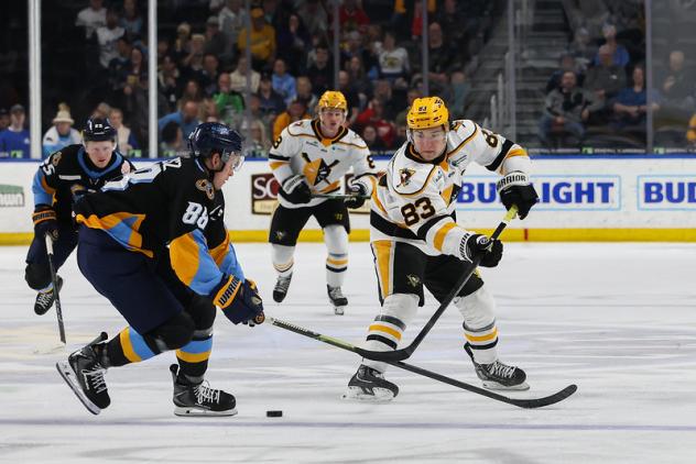 Wheeling Nailers forward Brayden Edwards (right)