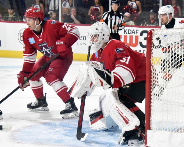Allen Americans defenseman Sam Sedley and goaltender Jackson Parsons