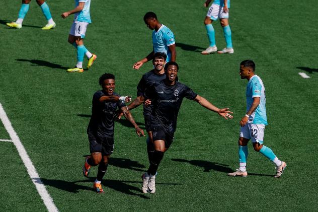 Colorado Springs Switchbacks FC celebrates a goal against Monterey Bay FC