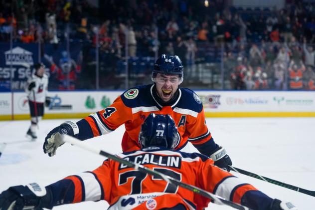 Worcester Railers forwards Drew Callin (77) and Anthony Callin