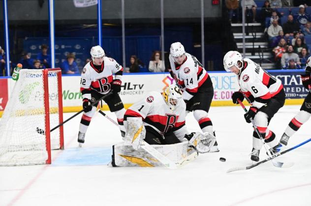 Belleville Senators goaltender Kaidan Mbereko smothers the puck against the Syracuse Crunch