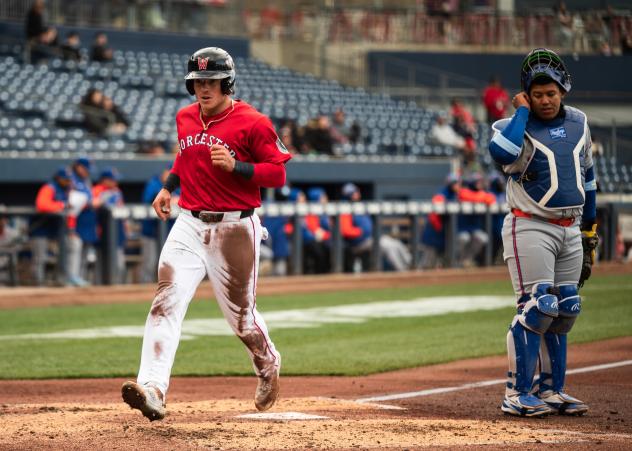 Nate Eaton of the Worcester Red Sox crosses home plate with a run