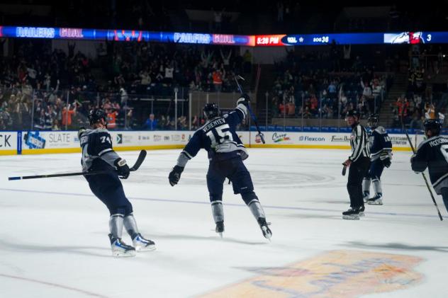 Worcester Railers forward Gleb Veremyev reacts after his overtime winner