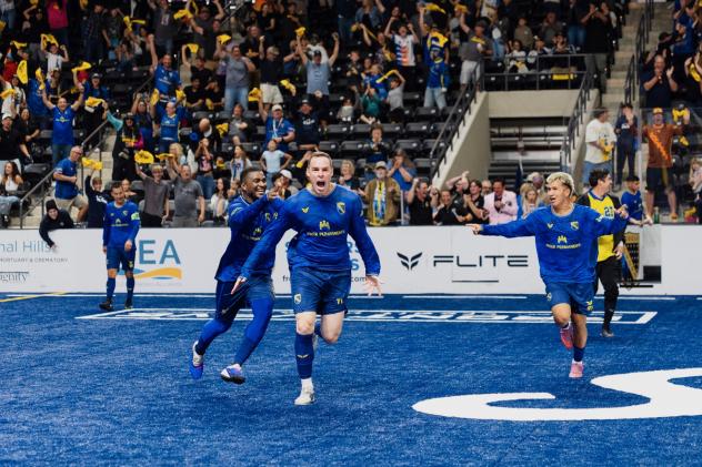 Nick Perera of the San Diego Sockers celebrates his golden goal