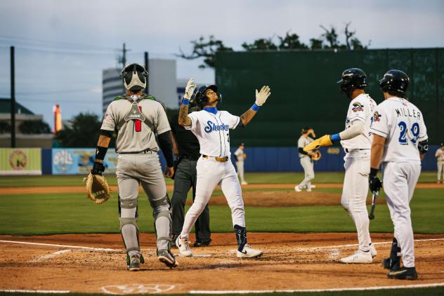 Biloxi Shuckers outfielder Jordyn Adams crosses home plate
