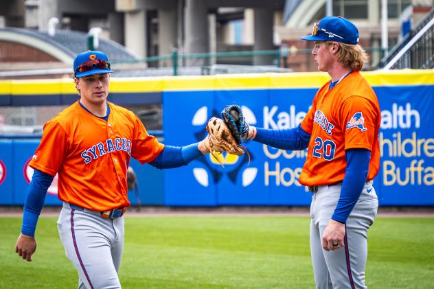 Syracuse Mets outfielder Nick Morabito (left) and first baseman Ryan Clifford