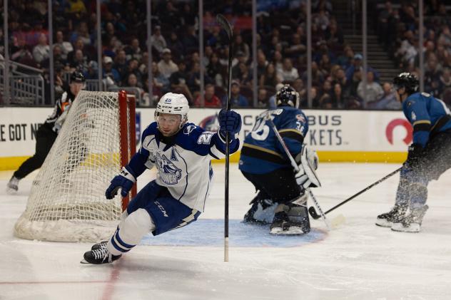 Syracuse Crunch forward Dylan Duke reacts after his goal