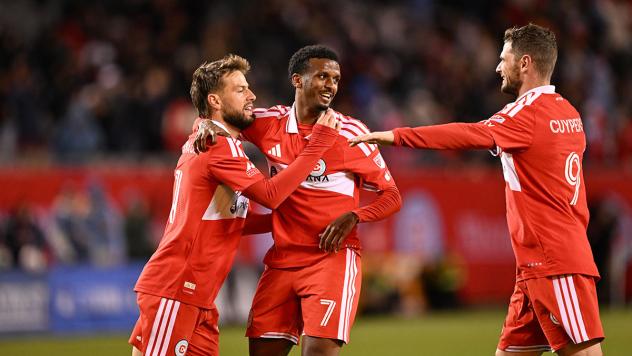 Chicago Fire FC's Philip Zinkernagel, Maren Haile-Selassie, and Hugo Cuypers on game night