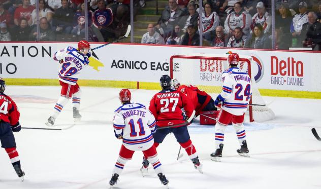 Kitchener Rangers left wing Christian Humphreys fires a shot against the Windsor Spitfires