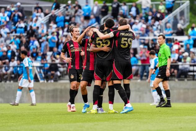 Atlanta United gathers after a goal against Charlotte in the U.S. Open Cup quarterfinals
