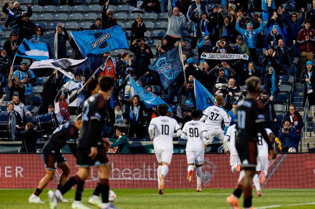 Colorado Springs Switchbacks FC celebrate Brennan Creek's goal with the crowd