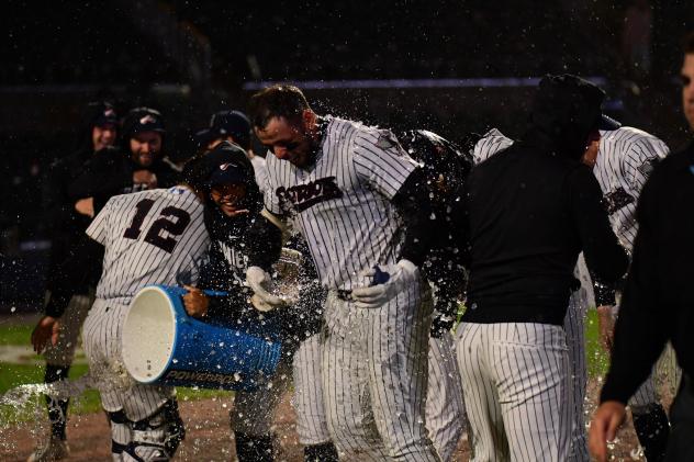 Coby Morales and the Somerset Patriots celebrate a walk-off win