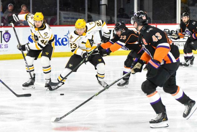 Wheeling Nailers forward Nolan Renwick with the puck against the Reading Royals