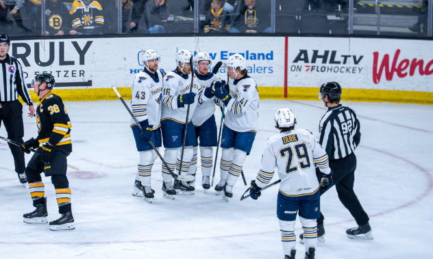 Springfield Thunderbirds gather after a Dillon Dube goal