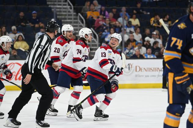 South Carolina Stingrays a happy group after a goal against the Atlanta Gladiators