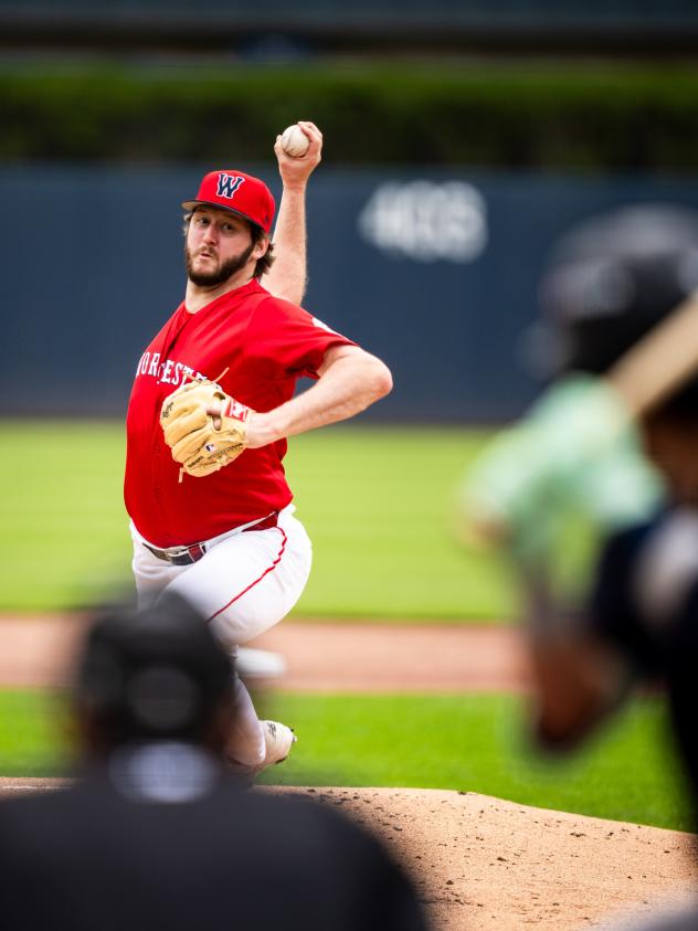 Justin Slaten pitching for the Worcester Red Sox