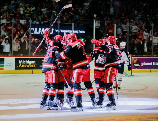 Grand Rapids Griffins celebrate a goal against the Manitoba Moose