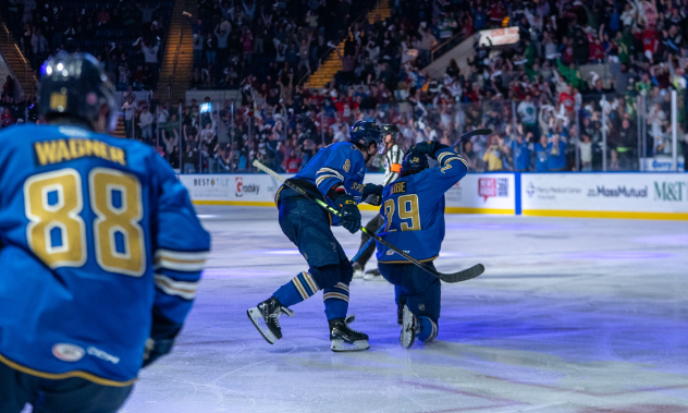 Springfield Thunderbirds converge on Dillon Dube after his overtime winner