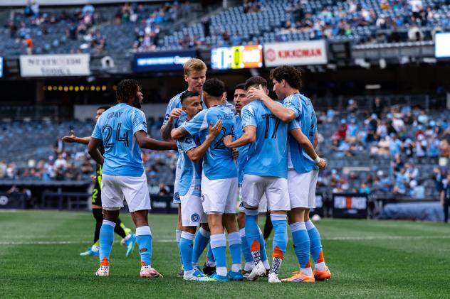 New York City FC congratulate midfielder Hannes Wolf after a goal against the Columbus Crew