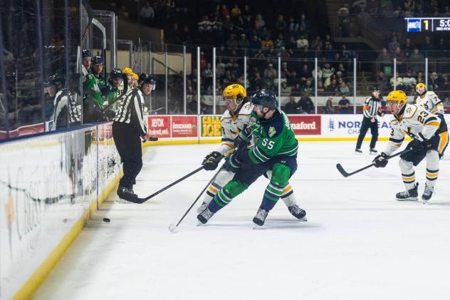 Wheeling Nailers fight for the puck against the Maine Mariners