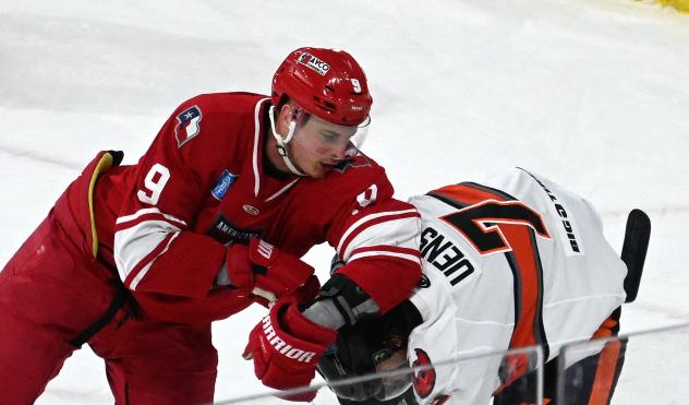 Allen Americans right wing Danny Katic (left) vs. the Kansas City Mavericks