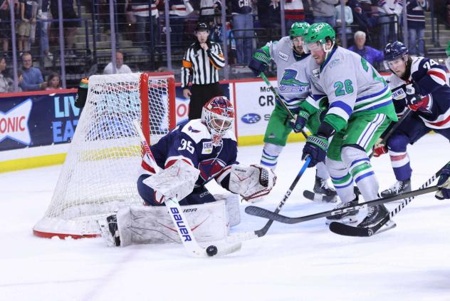 South Carolina Stingrays goaltender Seth Eisele tips aside a Florida Everblades shot