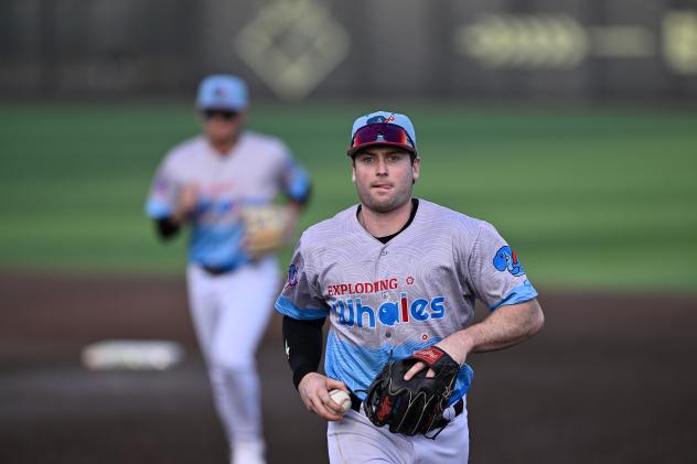 Eugene Emeralds third baseman Zander Darby in Exploding Whales jersey