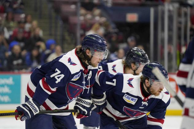 South Carolina Stingrays defenseman Connor Moore (left) and forward Charlie Combs