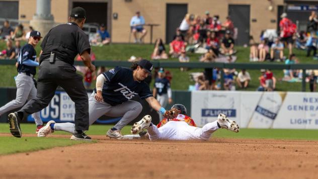 Tulsa Drillers second baseman Jake Gelof applies the tag
