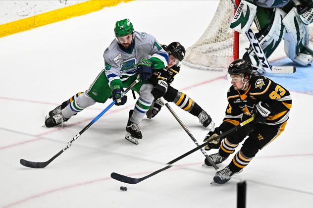 Wheeling Nailers forward Brayden Edwards (right) grabs the puck against the Florida Everblades
