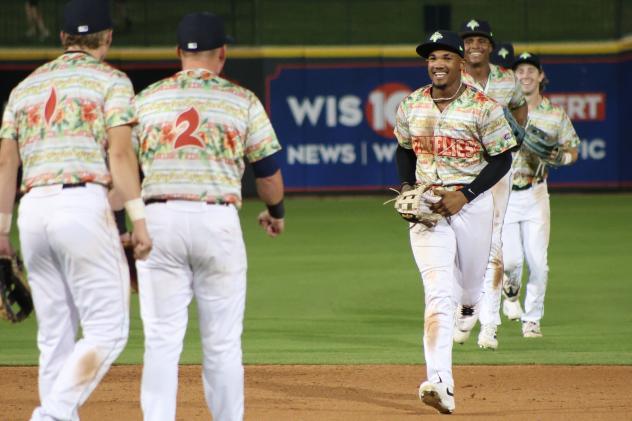 Henry Ramos of the Columbia Fireflies is greeted in the infield