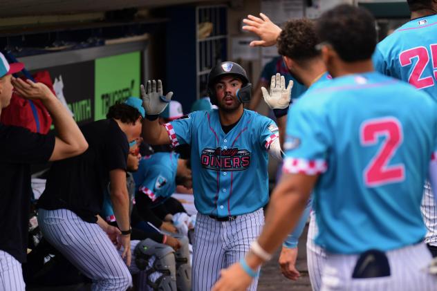 Somerset Patriots left fielder Jace Avina in the dugout