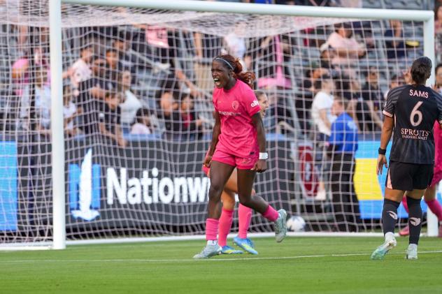Evelyn Ijeh of the North Carolina Courage reacts after her goal against Angel City