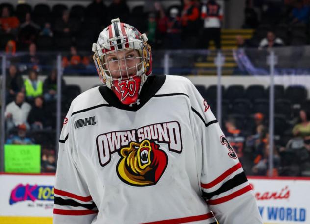 Goaltender Trenten Bennett with the Owen Sound Attack
