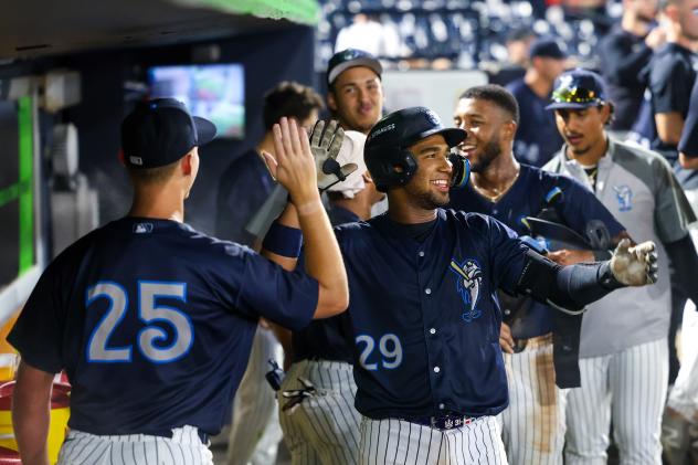 Tampa Tarpons congratulate Engelth Urena in the dugout