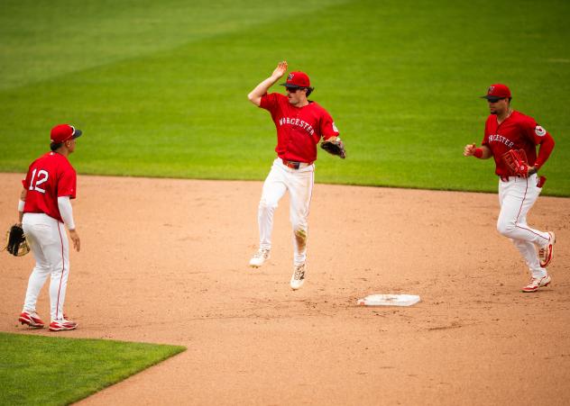 Worcester Red Sox celebrate in the infield