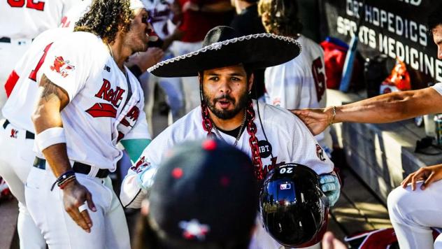 Fargo-Moorhead RedHawks infielder Brian Fuentes celebrates his home run