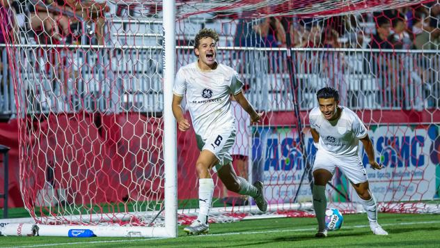 Louisville City FC midfielder Zach Duncan reacts after his goal