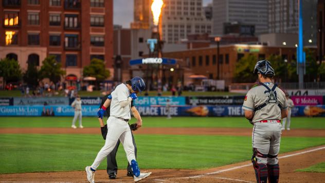 Tulsa Drillers infielder Jake Gelof touches home plate