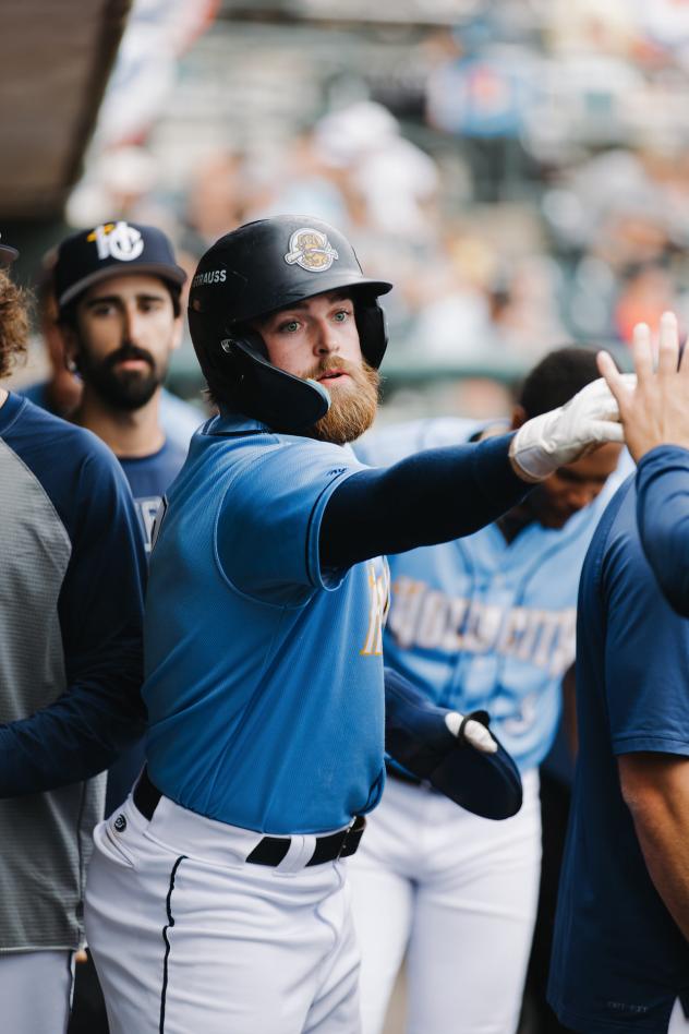 Charleston RiverDogs exchange high fives in the dugout